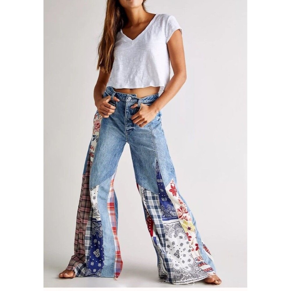 Free People Cortez Pieced Jeans We The Free Patchwork Flare Blue 27